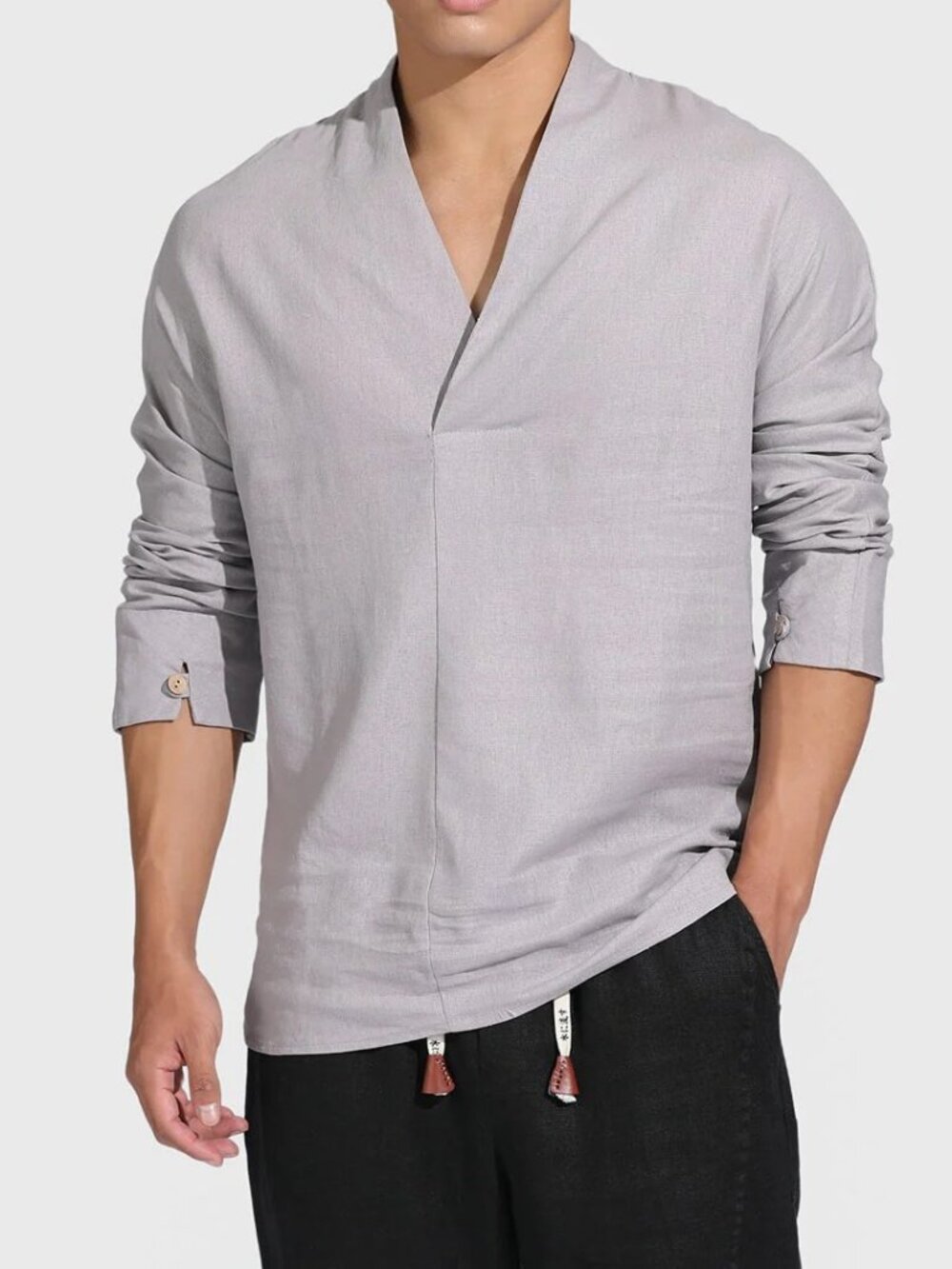 KIDORIMAN Linen Blend Shinu Drop V Light Lilac Gray Shirt Size JPN XXL US L